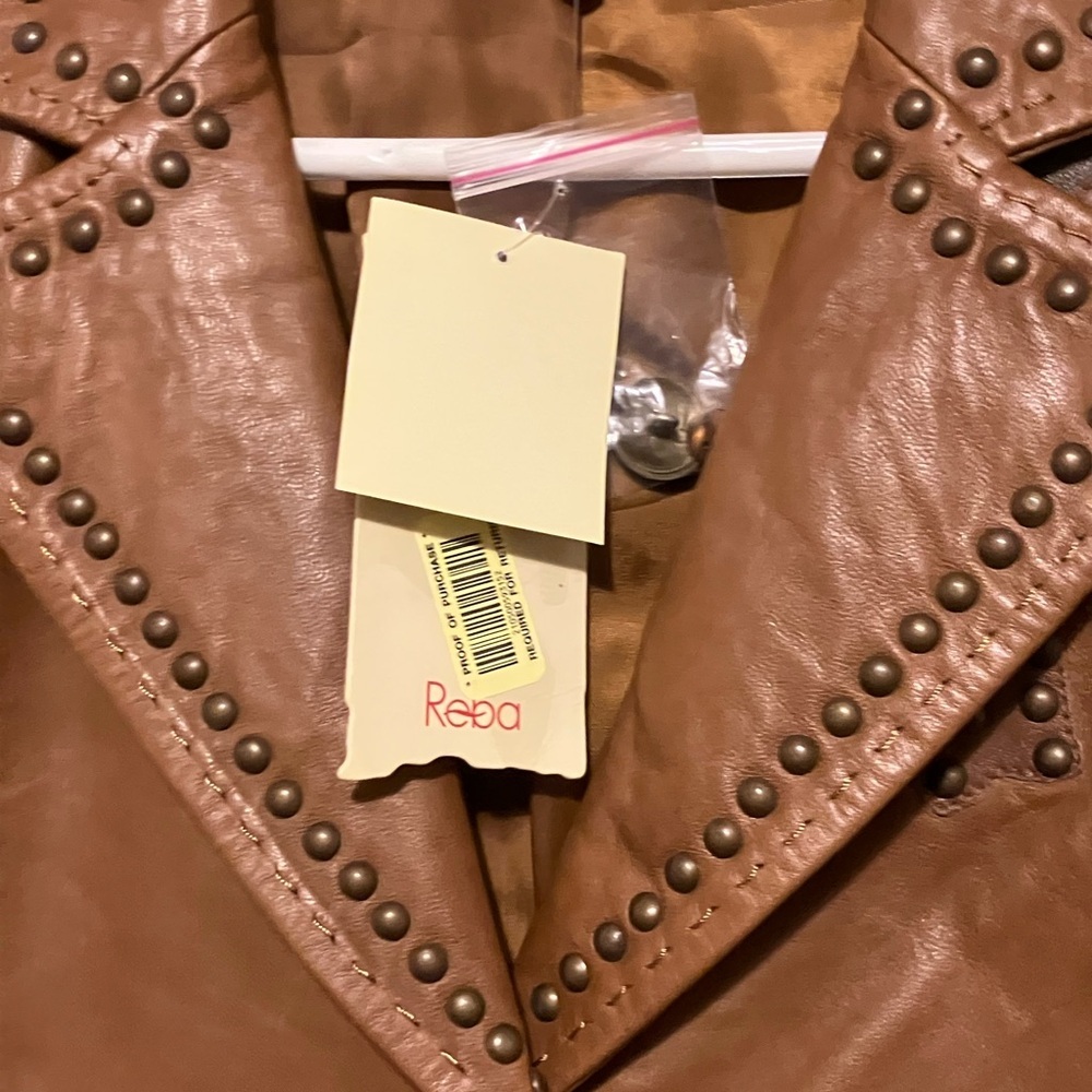 NEW Reba (McEntire) Womens Soft Leather Jacket Cognac Embellished Cross Studded - Picture 4 of 5